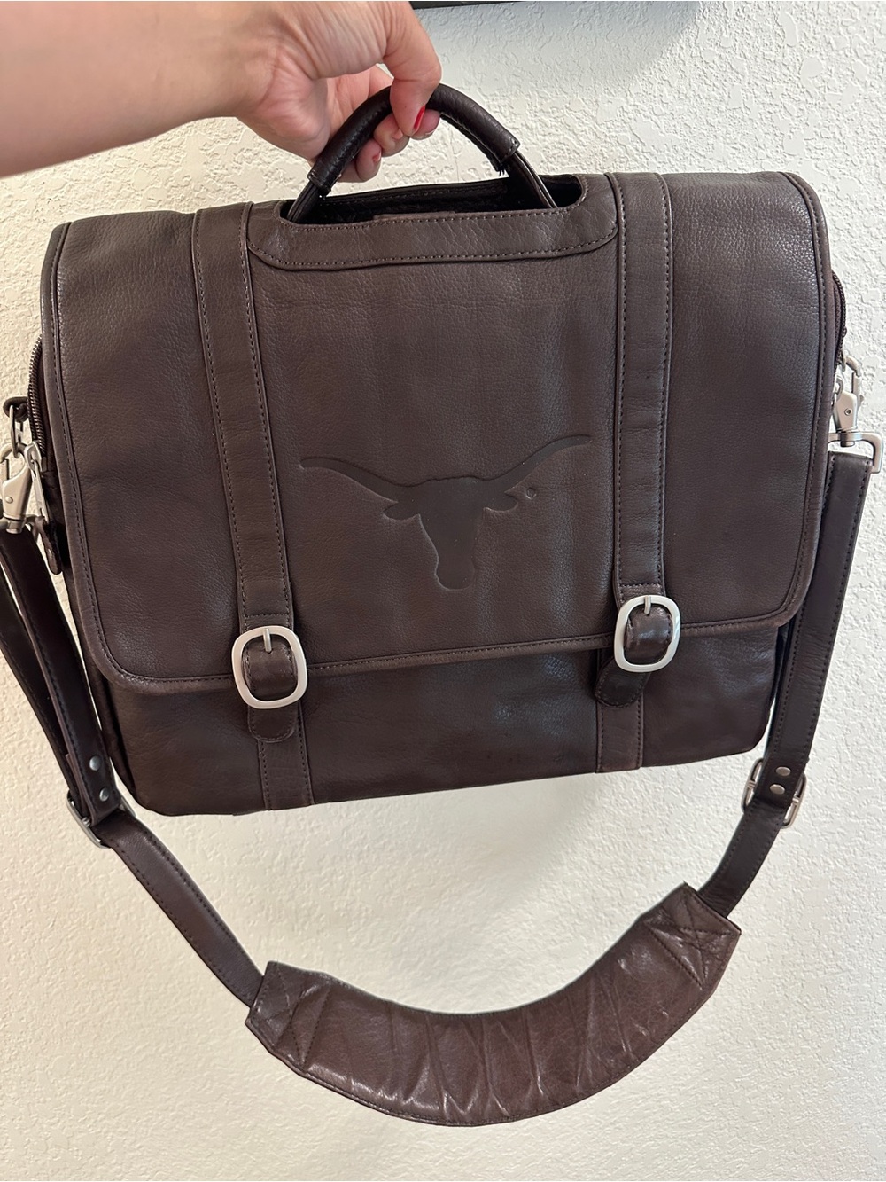 Embossed Longhorn Dark Brown Leather Laptop Briefcase